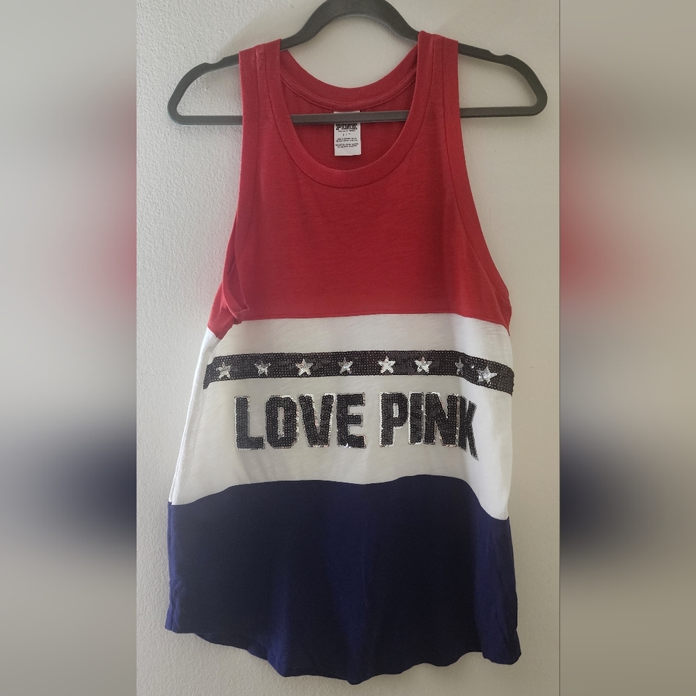 PINK tank top with sequin LOVE PINK and embroidery.